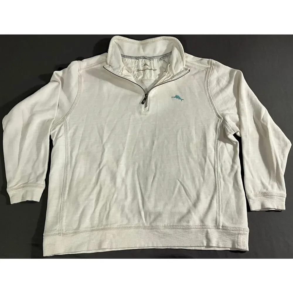 Tommy Bahama XXL 1/4 Zip Pullover Sweater Cream Color Teal Embroidery Logo